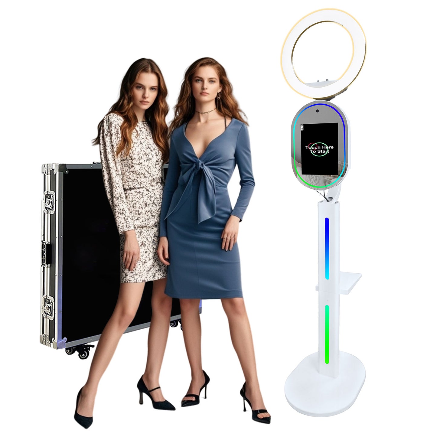 Magic Mirror Photo Booth Built-in HD Camera with 13.3in Touch All-in-one Camera Photobooth Selfie Station with RGB Fill Light RGB Light Box Flight Case for Parties Wedding Exhibition