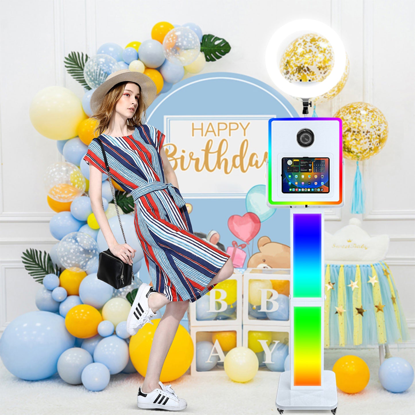 3 in 1 Portable Photo Booth Machine for Ipad 10.2" 10.9" 11" 12.9'' PhotoBooth Stand Shell Provide Cyratok Software RGB Ring Light Music Sync Aluminum Alloy Selfie Photo Booth for Parties Weddings Events