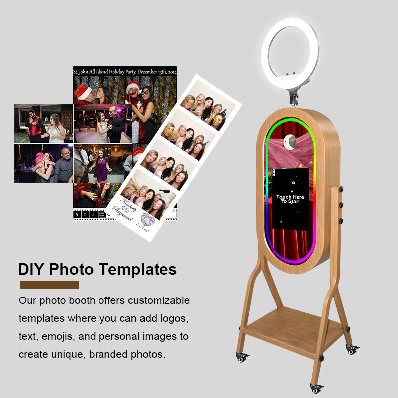 Imitation Wood Grain Magic Mirror Photo Booth 21.5 Touch Screen Camera Selfie DSLR Photobooth Machine with Software RGB LED Ring Light and Flight Case for Events Weddings Parties