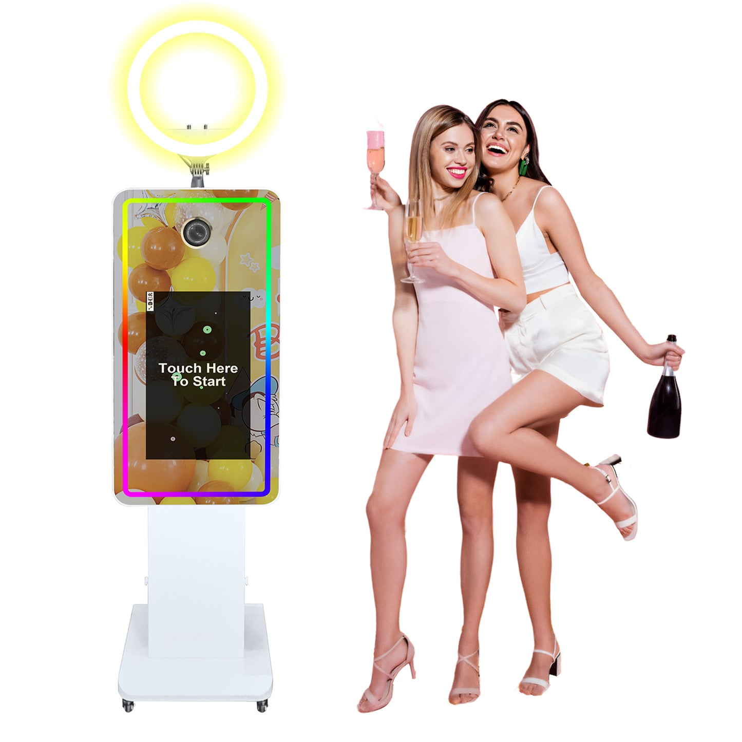 Magic Mirror Photo Booth 21.5/32" Touch Screen Camera Selfie DSLR Photobooth Machine with Software RGB LED Ring Light and Flight Case for Event Rental Wedding Party