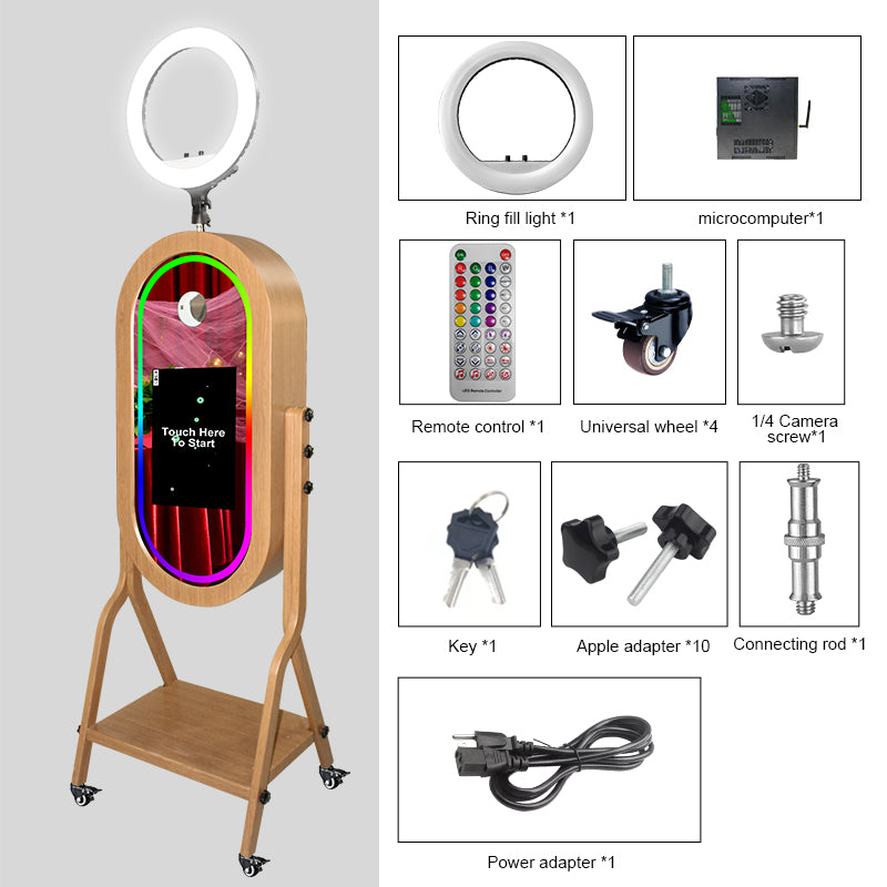 Imitation Wood Grain Magic Mirror Photo Booth 21.5 Touch Screen Camera Selfie DSLR Photobooth Machine with Software RGB LED Ring Light and Flight Case for Events Weddings Parties