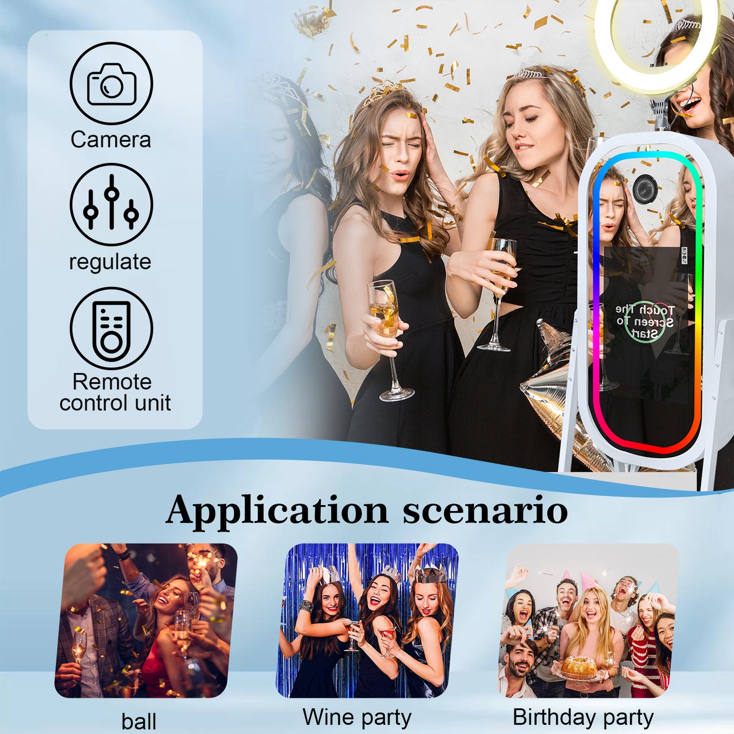 Magic Mirror Photo Booth Machine wiht 21.5" Touch Screen Mirror Photo Booth Selfie Photobooth Machine RGB Light for Event Rental Wedding Party