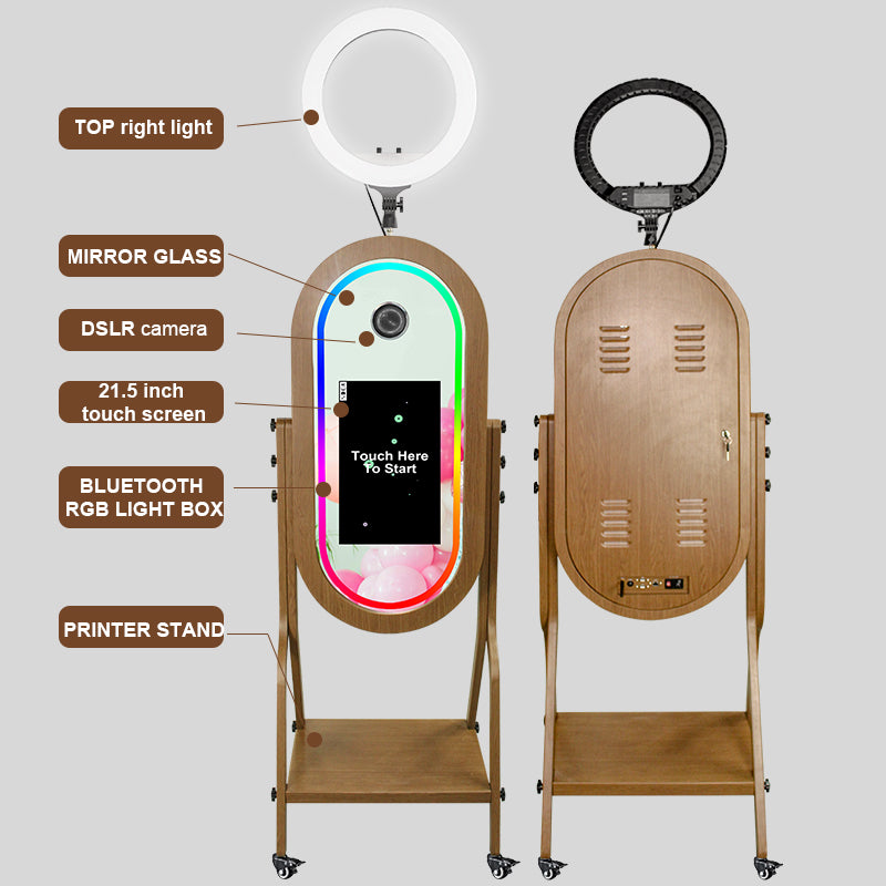 Imitation Wood Grain Magic Mirror Photo Booth 21.5 Touch Screen Camera Selfie DSLR Photobooth Machine with Software RGB LED Ring Light and Flight Case for Events Weddings Parties