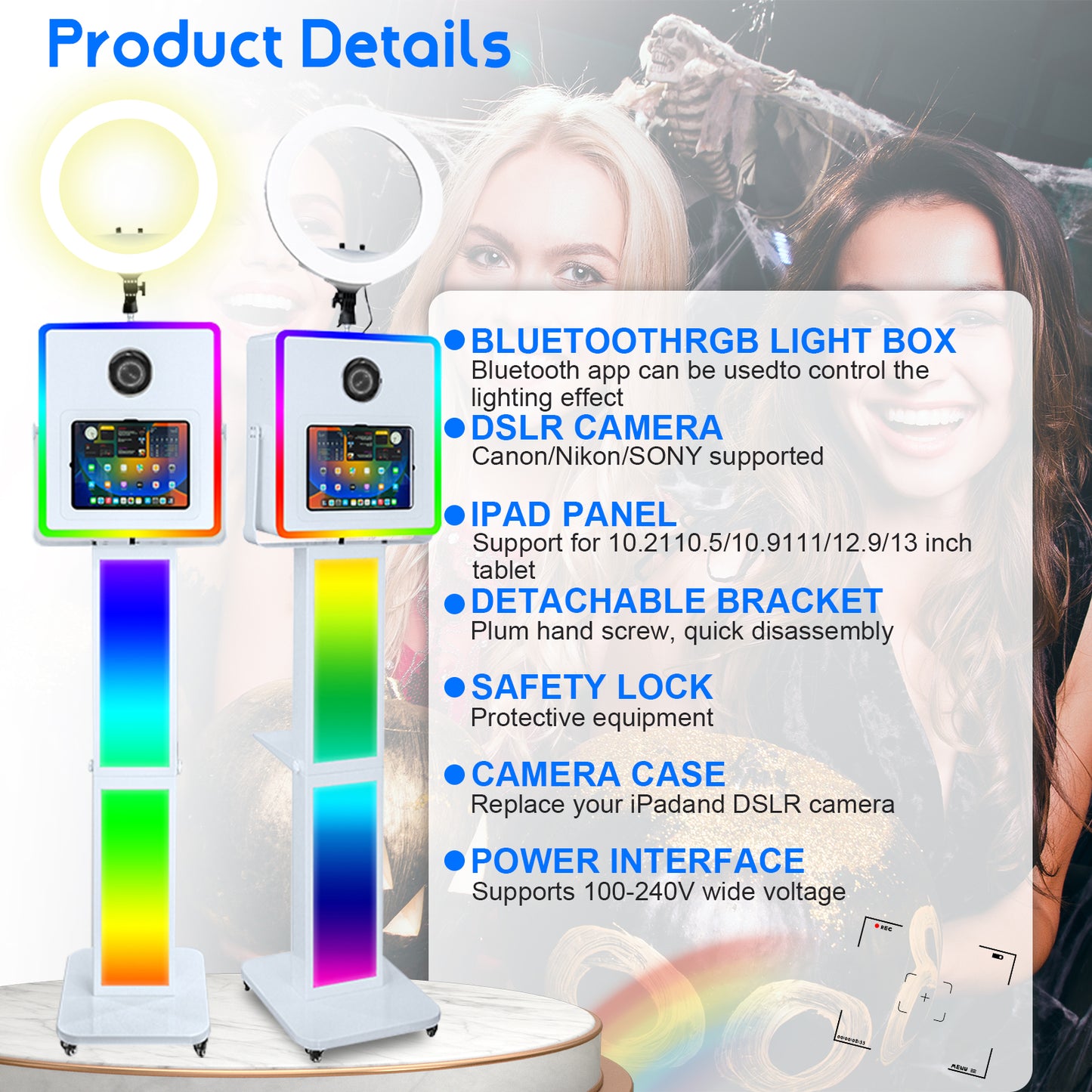 3 in 1 Portable Photo Booth Machine for Ipad 10.2" 10.9" 11" 12.9'' PhotoBooth Stand Shell Provide Cyratok Software RGB Ring Light Music Sync Aluminum Alloy Selfie Photo Booth for Parties Weddings Events
