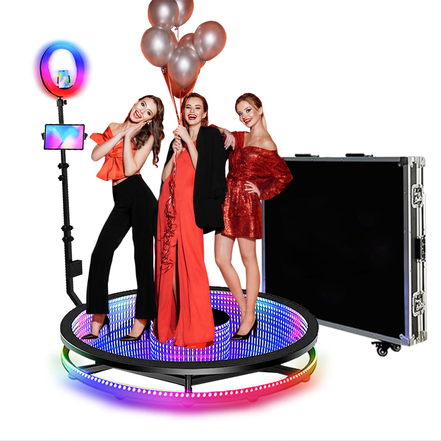 Glass 360 Photo Booth Machine for Parties with Flight Case Free Logo Customization Software APP Remote Automatic 360 Spin Camera Booth for 4-5 People
