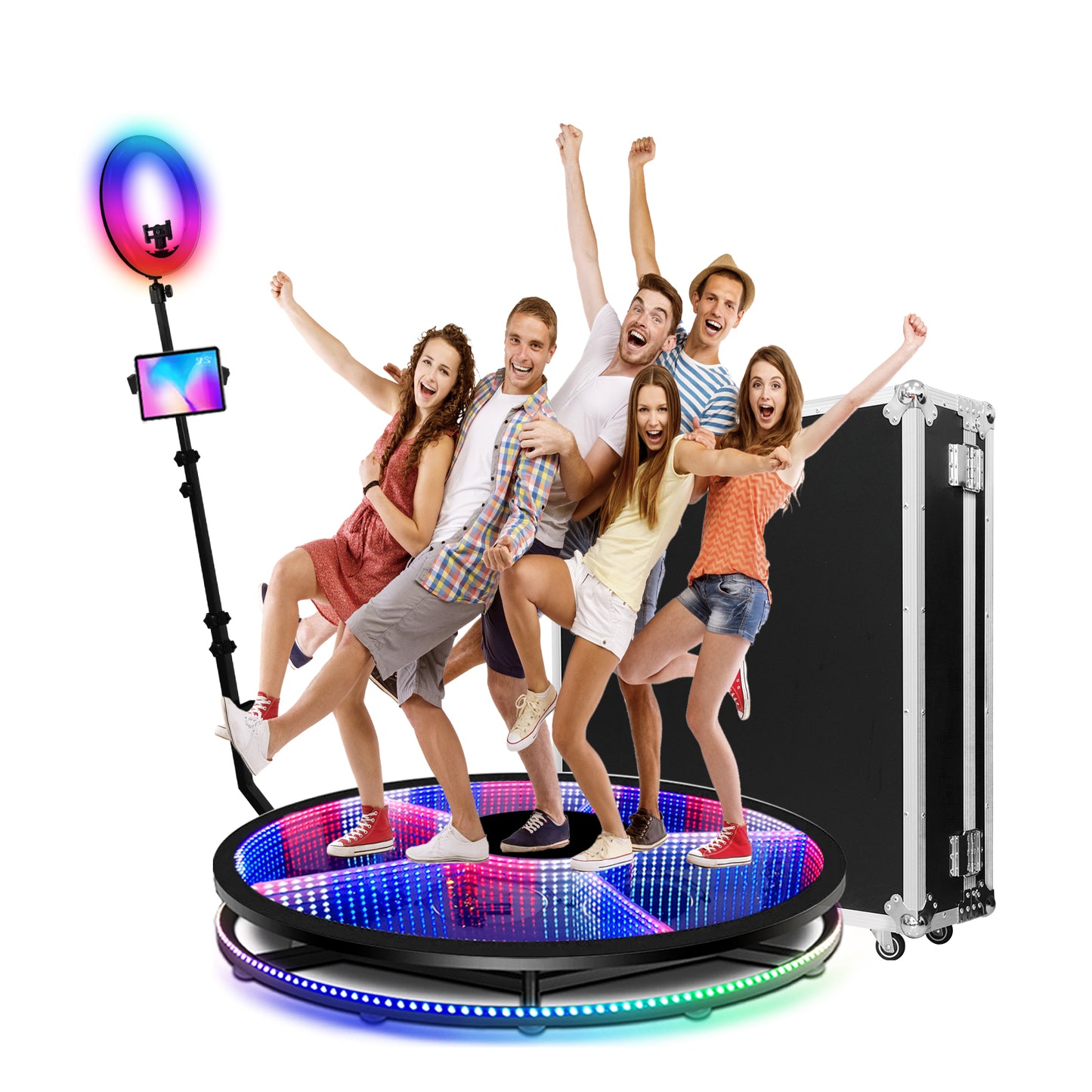 Glass 360 Photo Booth Machine for Parties with Flight Case Free Logo Customization Software APP Remote Automatic 360 Spin Camera Booth for 4-5 People