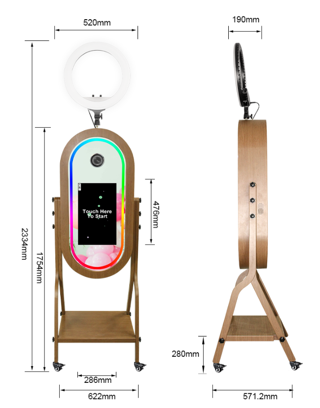 Imitation Wood Grain Magic Mirror Photo Booth 21.5 Touch Screen Camera Selfie DSLR Photobooth Machine with Software RGB LED Ring Light and Flight Case for Events Weddings Parties