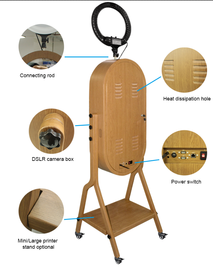 Imitation Wood Grain Magic Mirror Photo Booth 21.5 Touch Screen Camera Selfie DSLR Photobooth Machine with Software RGB LED Ring Light and Flight Case for Events Weddings Parties
