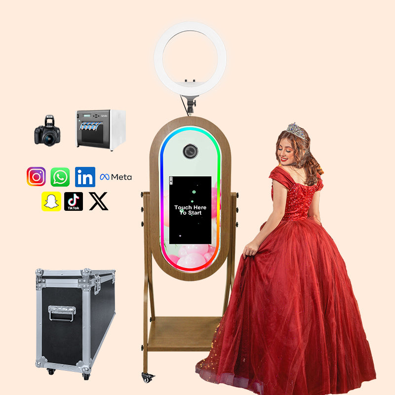 Imitation Wood Grain Magic Mirror Photo Booth 21.5 Touch Screen Camera Selfie DSLR Photobooth Machine with Software RGB LED Ring Light and Flight Case for Events Weddings Parties