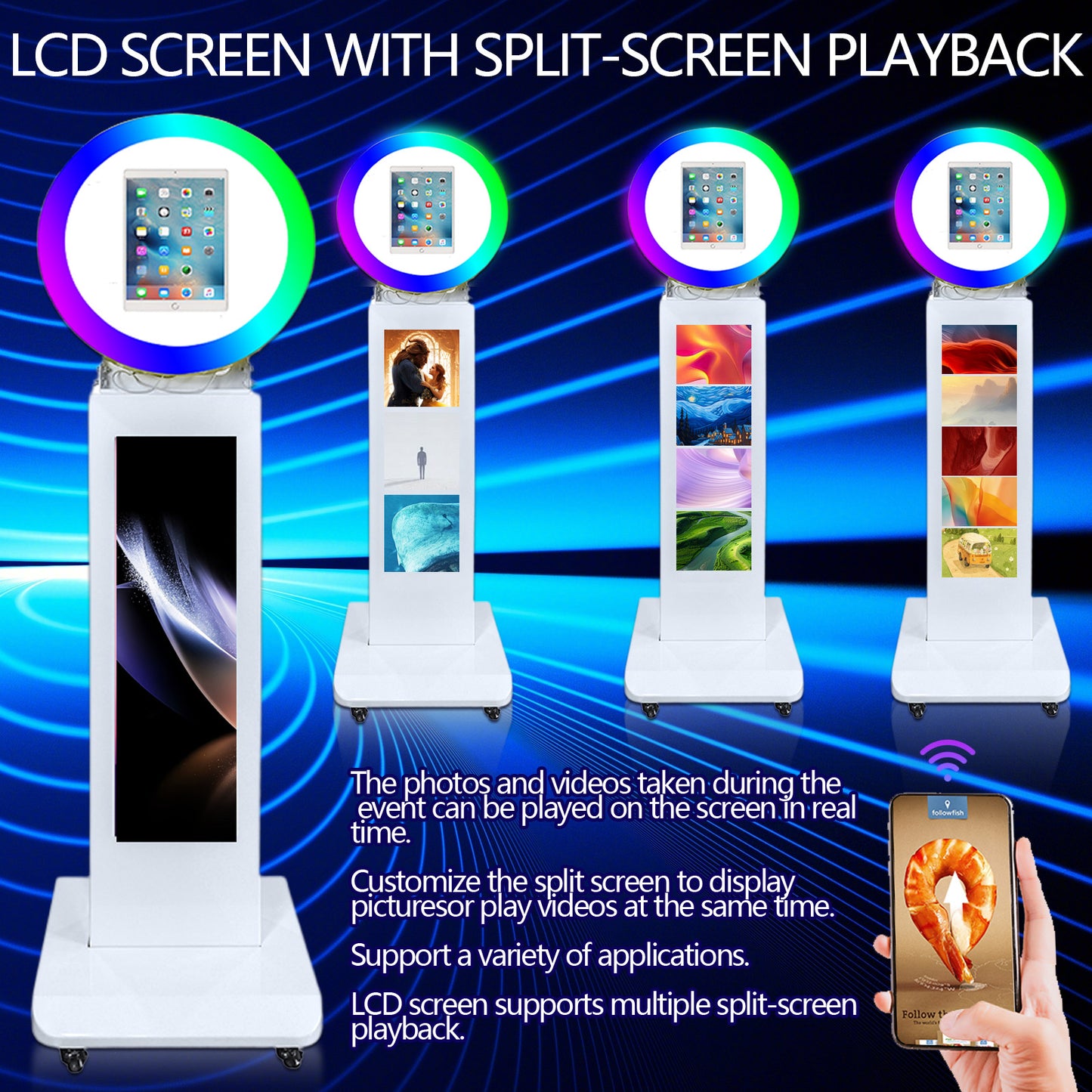 LCD Screen Portable Photo Booth Compatible with Any Ipad, 1080P Intelligent Split Screen Ipad Photo Booth LCD for Wedding Party Software APP Control LCD Ring Light, Flight Case