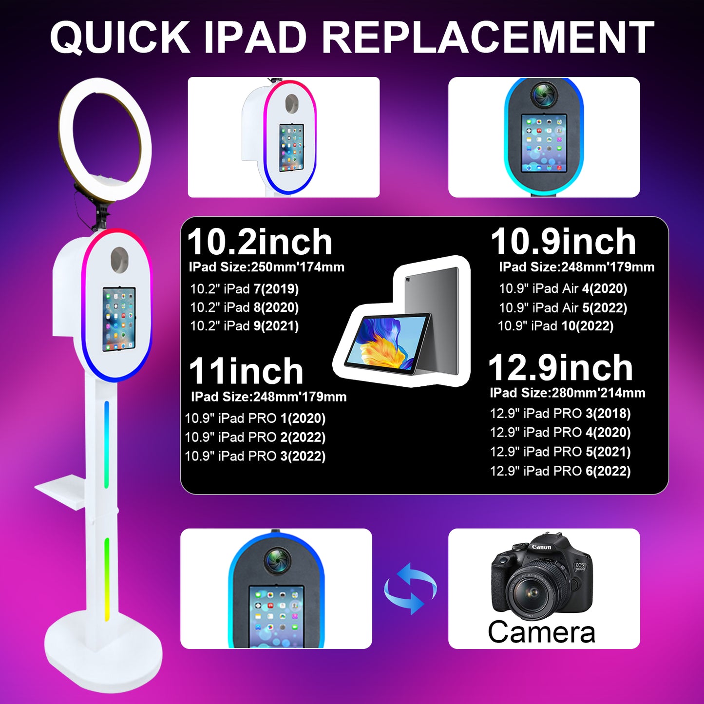 Portable Photo Booth for Ipad 10.2" 11" 12.9" APP Control Booth Shell Stand Compatible with iPad Stand Selfie Photo Booth Shell for DSLR Camera with Ring Light for Birthday Party