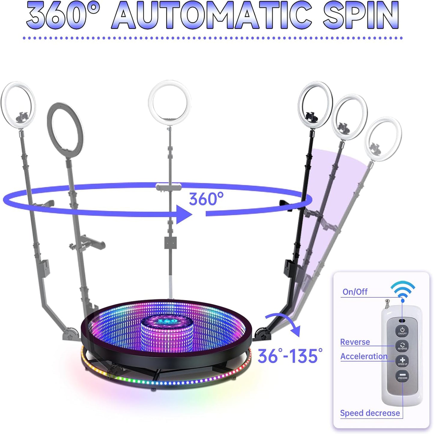 Glass 360 Photo Booth Machine for Parties with Flight Case Free Logo Customization Software APP Remote Automatic 360 Spin Camera Booth for 4-5 People