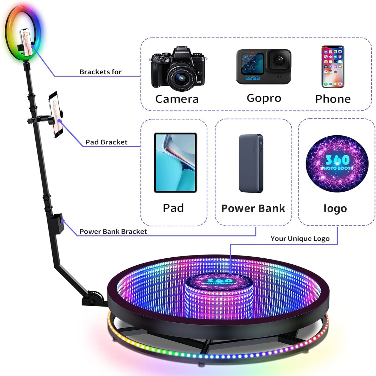 Glass 360 Photo Booth Machine for Parties with Flight Case Free Logo Customization Software APP Remote Automatic 360 Spin Camera Booth for 4-5 People