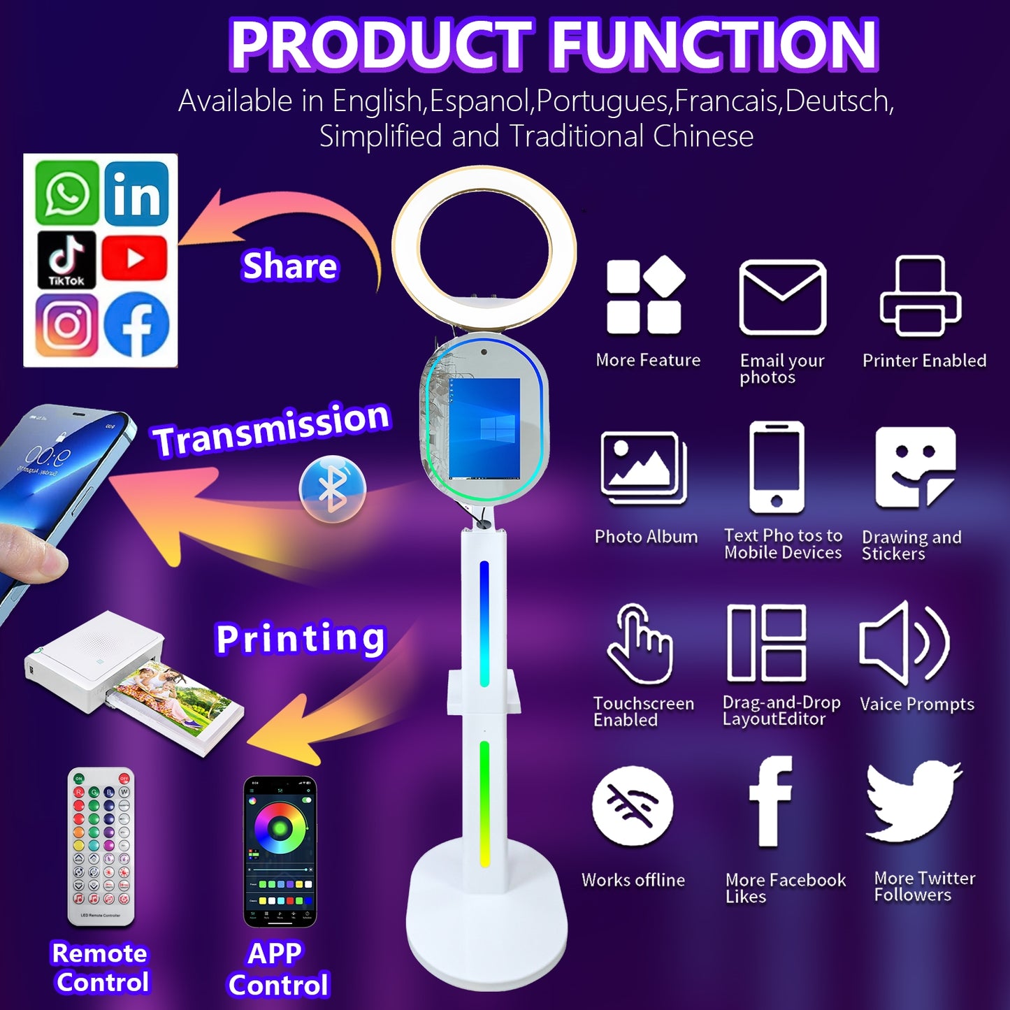 Magic Mirror Photo Booth Built-in HD Camera with 13.3in Touch All-in-one Camera Photobooth Selfie Station with RGB Fill Light RGB Light Box Flight Case for Parties Wedding Exhibition