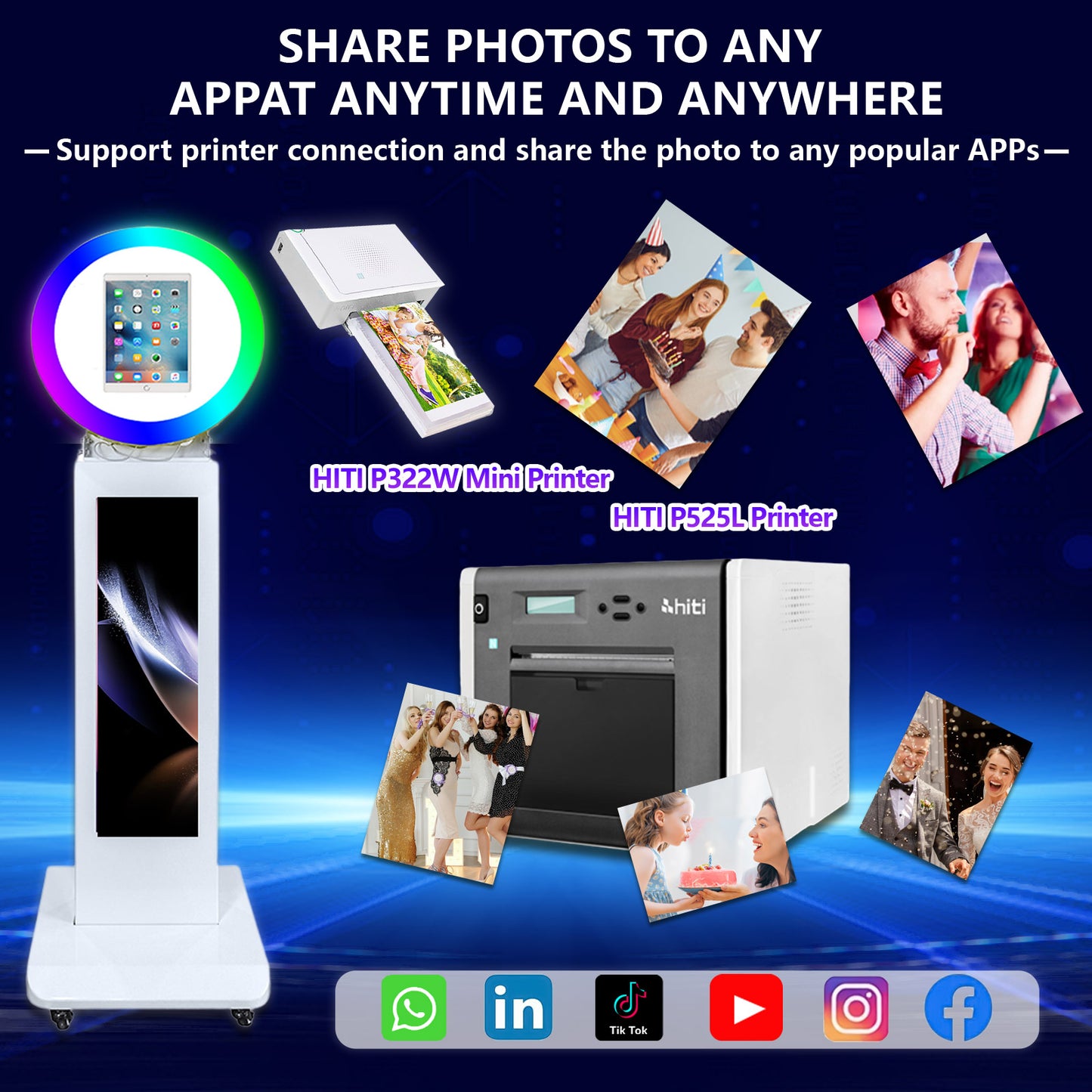 LCD Screen Portable Photo Booth Compatible with Any Ipad, 1080P Intelligent Split Screen Ipad Photo Booth LCD for Wedding Party Software APP Control LCD Ring Light, Flight Case