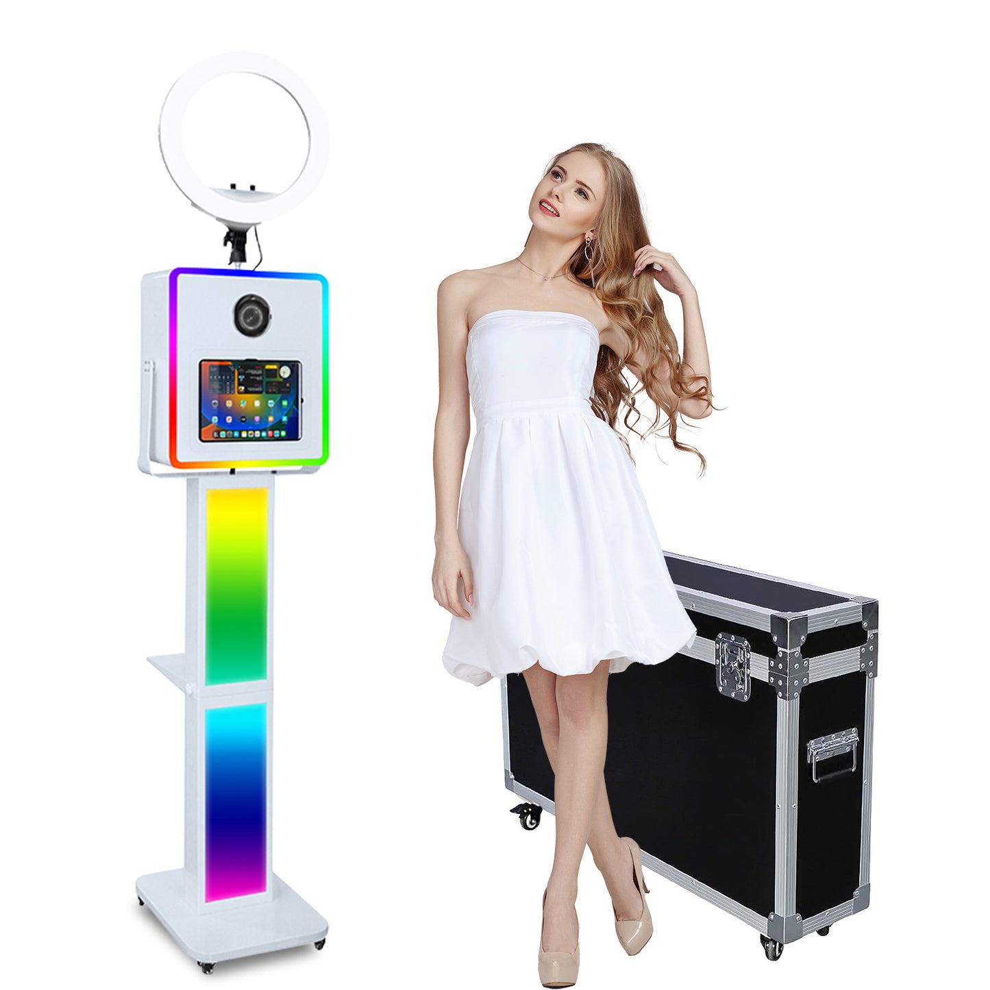 3 in 1 Portable Photo Booth Machine for Ipad 10.2" 10.9" 11" 12.9'' PhotoBooth Stand Shell Provide Cyratok Software RGB Ring Light Music Sync Aluminum Alloy Selfie Photo Booth for Parties Weddings Events