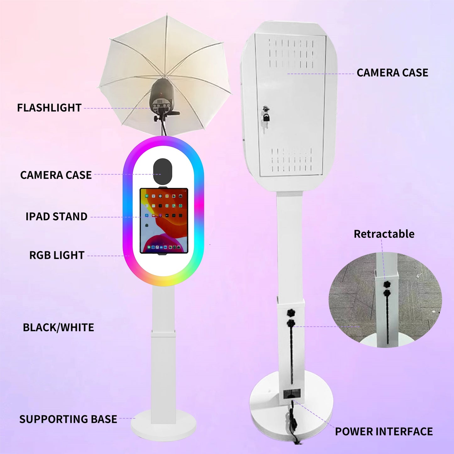 Photo Booth for iPad 10.2" 10.9" 11" 12.9" and for Camera Remote Control Flight Case 2-in-1 Portable Selfie Photobooth Stand for Party Rental Events