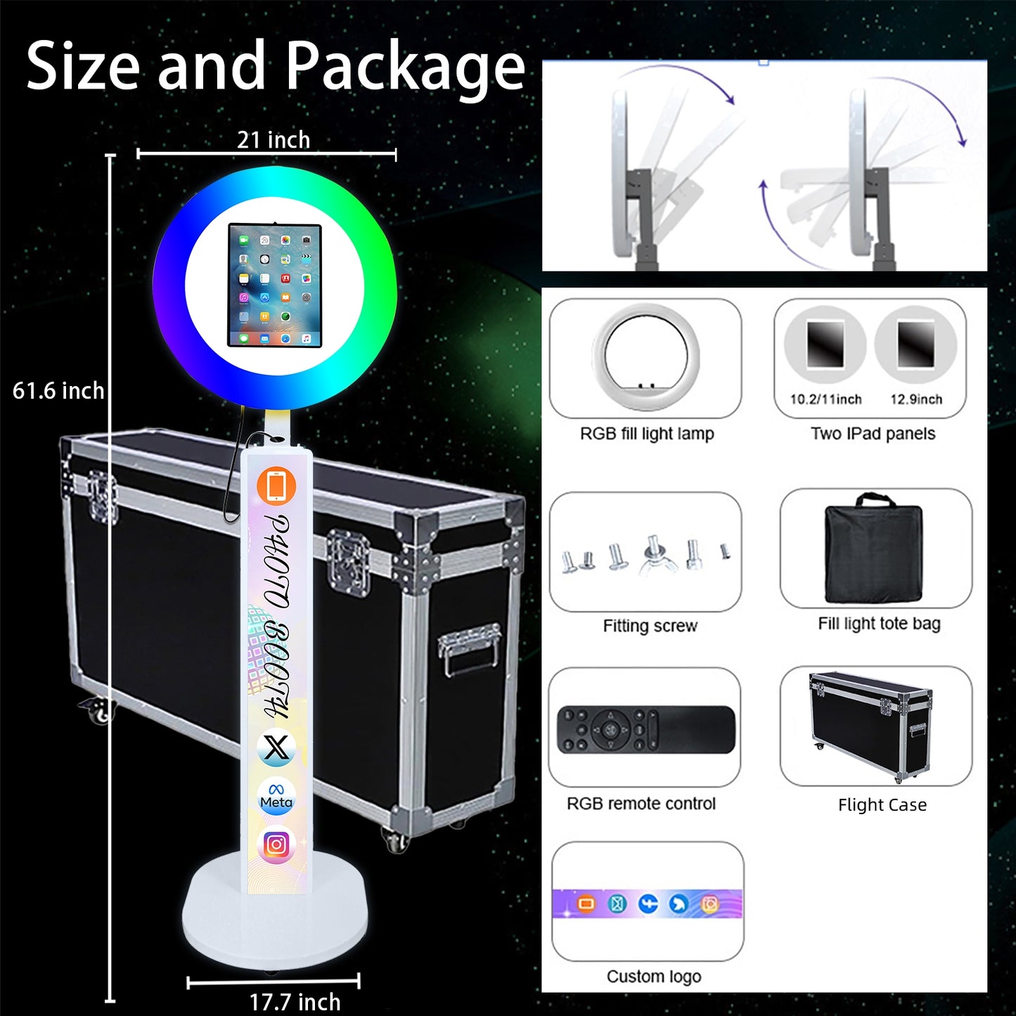 Portable Photo Booth Compatible with Any Ipad Photo Booth Stand Shell with ChackTok PhotoBooth VIP Member and Flight Case Free Custom Logo Perfect for Parties Wedding and Events
