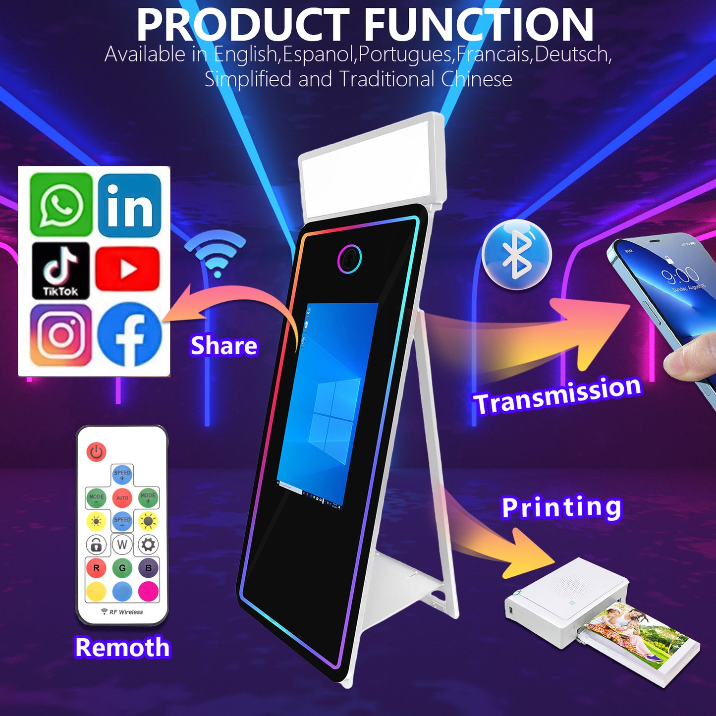 Magic Mirror Photo Booth 65'' Mirror Photo Booth 32/43'' Interactive Touch Screen Built-in Mini PC with Instant Print and Sharing for Event Party Wedding Rental