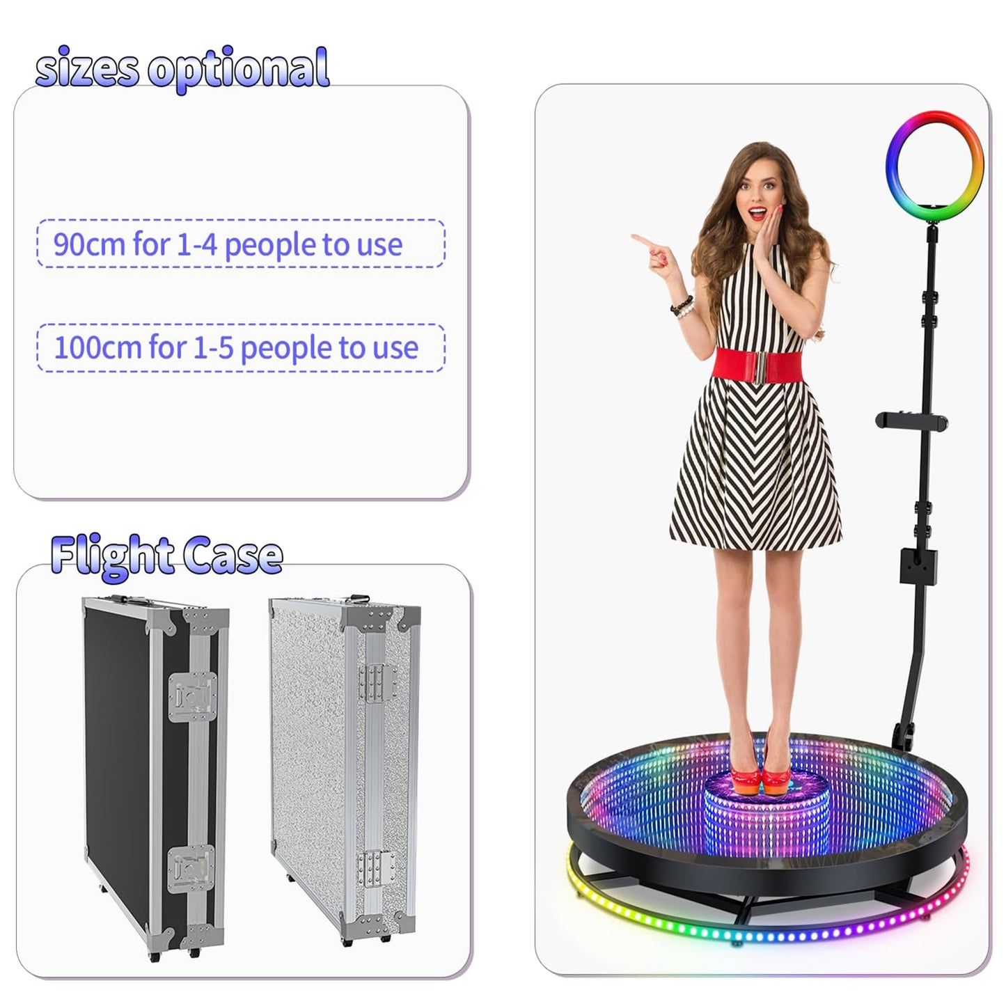 Glass 360 Photo Booth Machine for Parties with Flight Case Free Logo Customization Software APP Remote Automatic 360 Spin Camera Booth for 4-5 People