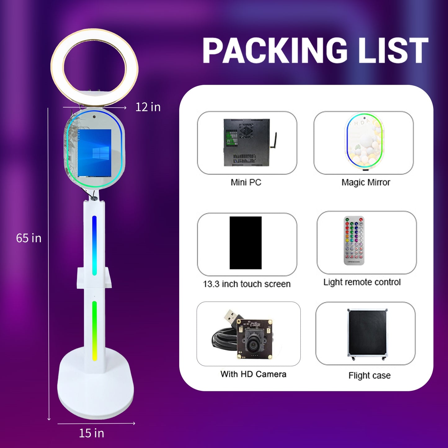 Magic Mirror Photo Booth Built-in HD Camera with 13.3in Touch All-in-one Camera Photobooth Selfie Station with RGB Fill Light RGB Light Box Flight Case for Parties Wedding Exhibition