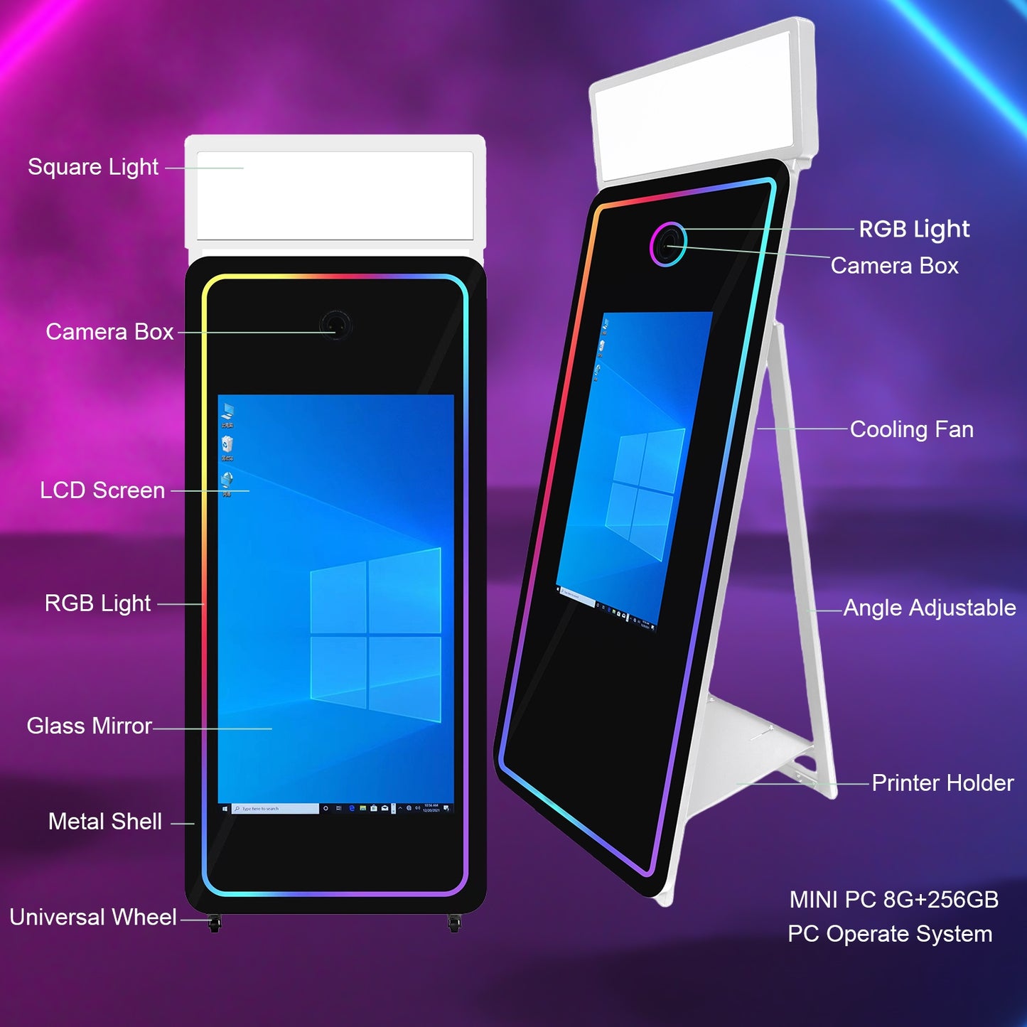 Magic Mirror Photo Booth 65'' Mirror Photo Booth 32/43'' Interactive Touch Screen Built-in Mini PC with Instant Print and Sharing for Event Party Wedding Rental