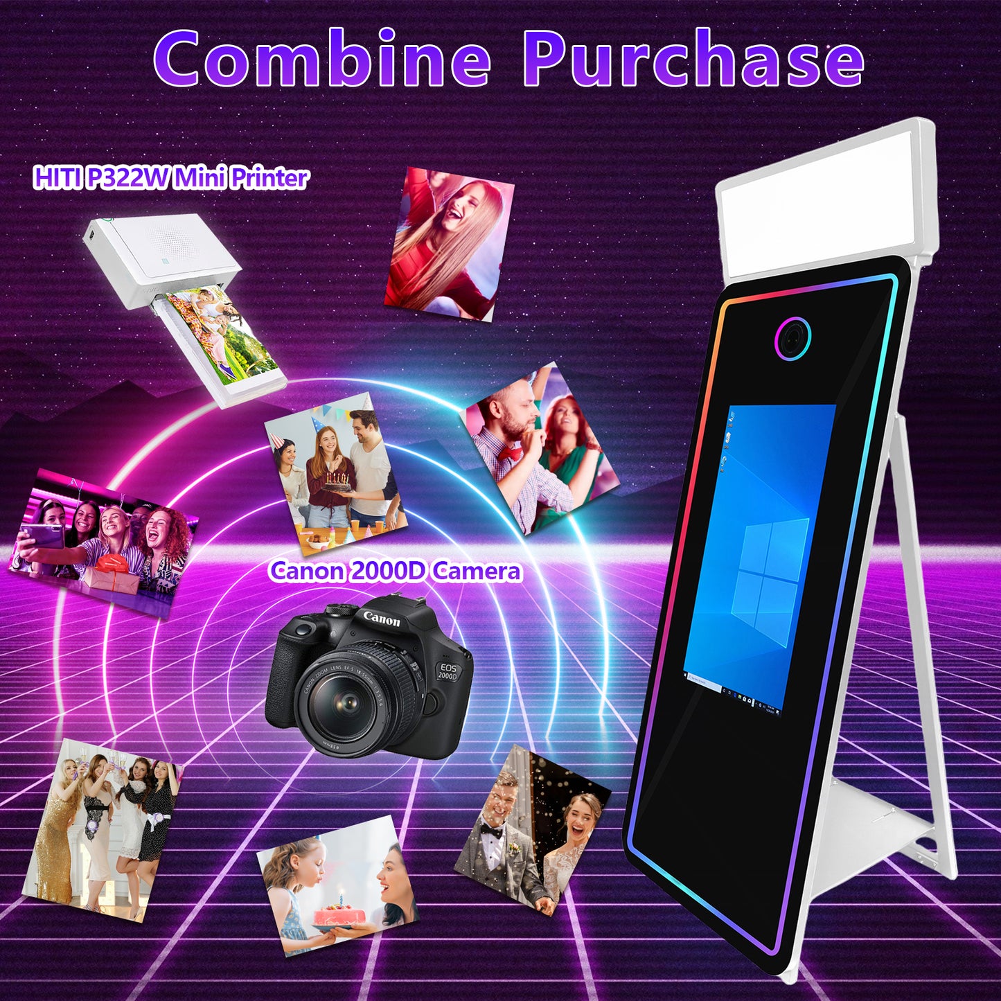 Magic Mirror Photo Booth 65'' Mirror Photo Booth 32/43'' Interactive Touch Screen Built-in Mini PC with Instant Print and Sharing for Event Party Wedding Rental