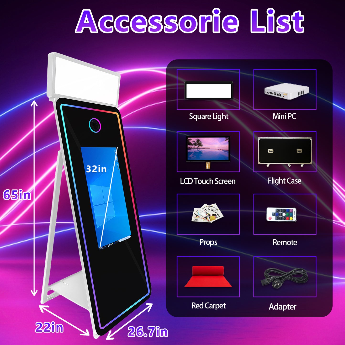 Magic Mirror Photo Booth 65'' Mirror Photo Booth 32/43'' Interactive Touch Screen Built-in Mini PC with Instant Print and Sharing for Event Party Wedding Rental