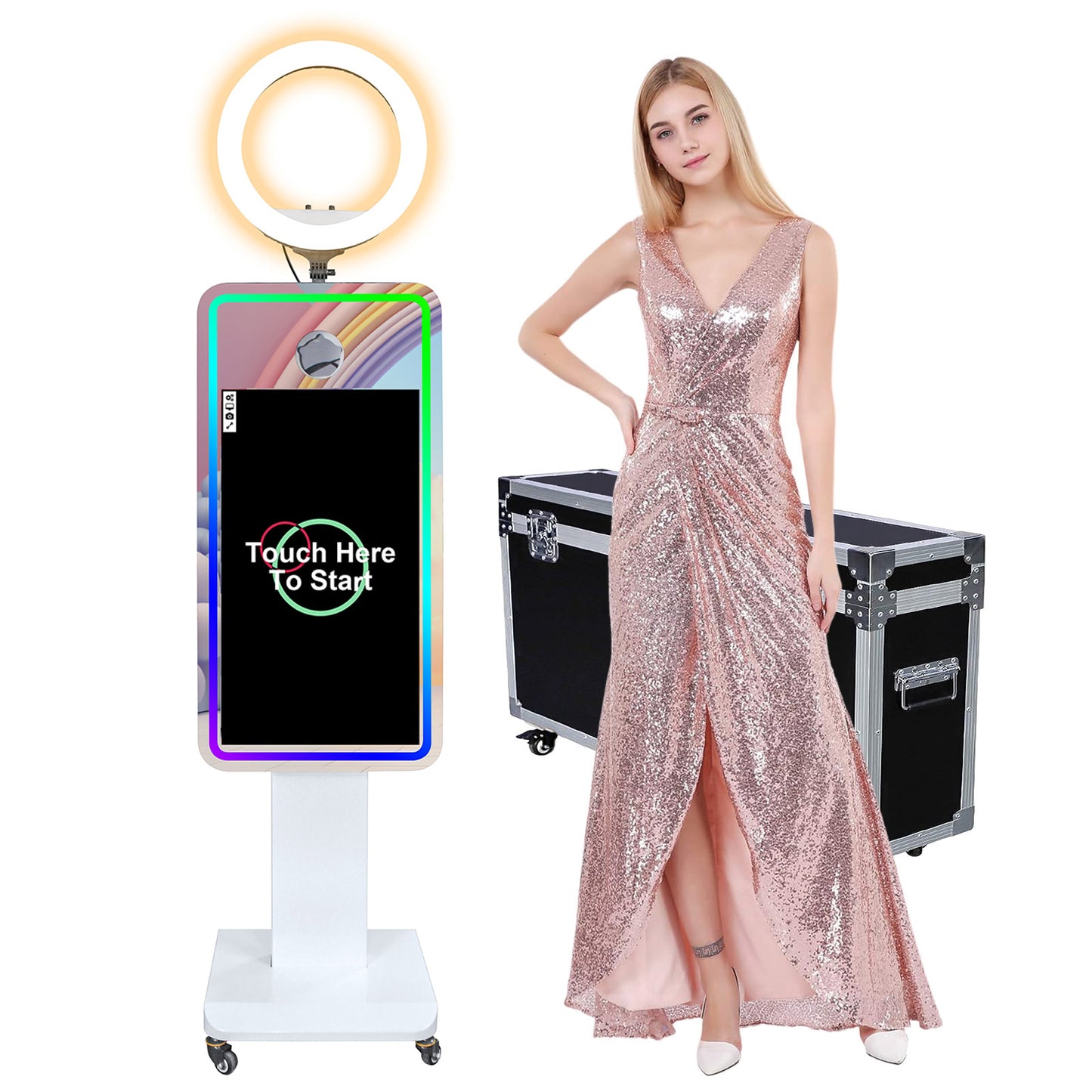 Magic Mirror Photo Booth 21.5/32" Touch Screen Camera Selfie DSLR Photobooth Machine with Software RGB LED Ring Light and Flight Case for Event Rental Wedding Party