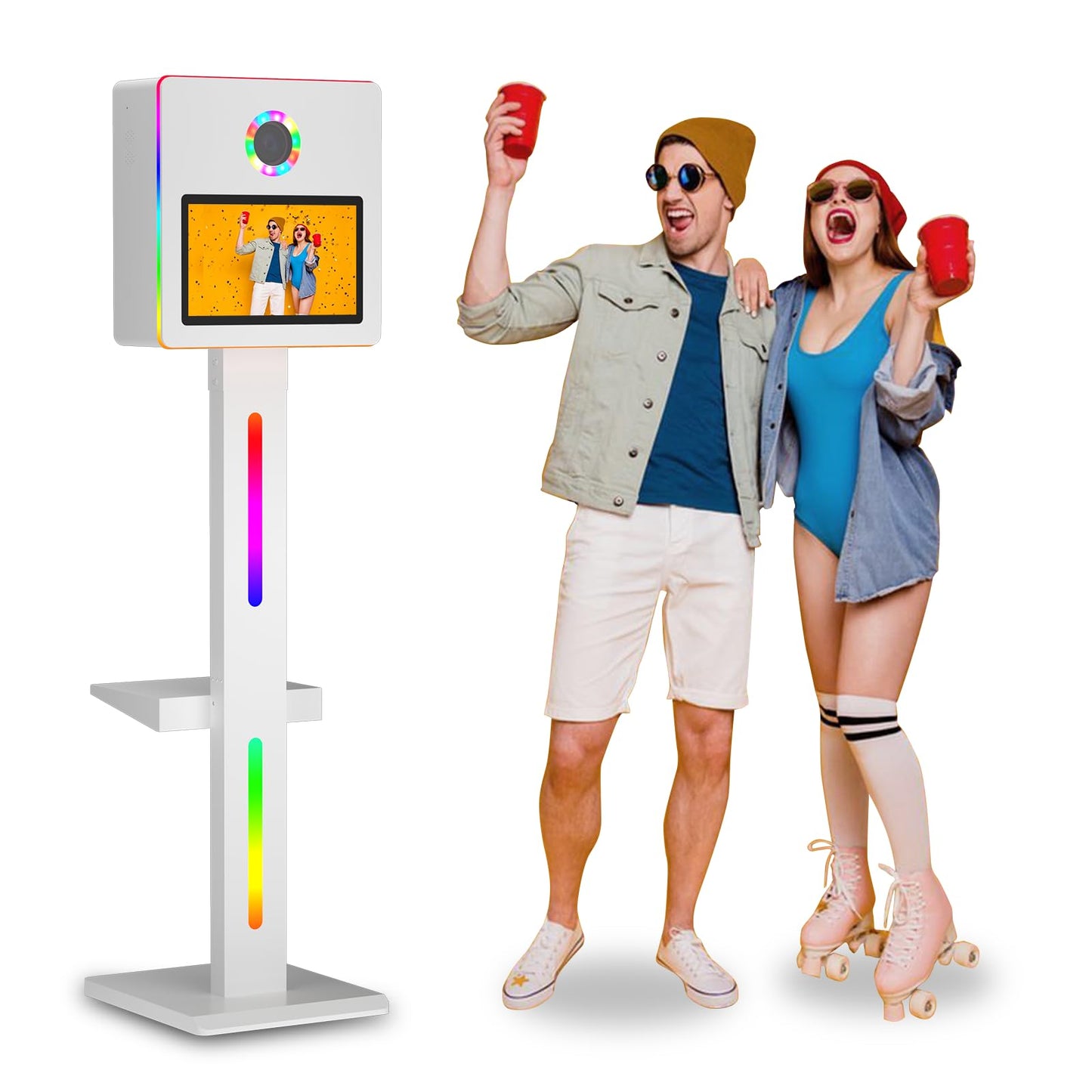 DSLR Photo Booth Machine 15.6 Inch Selfie Portable Touch Screen Camera Photobooth with Flight Case,White Photo Booth with RGB Light for Wedding Party Events