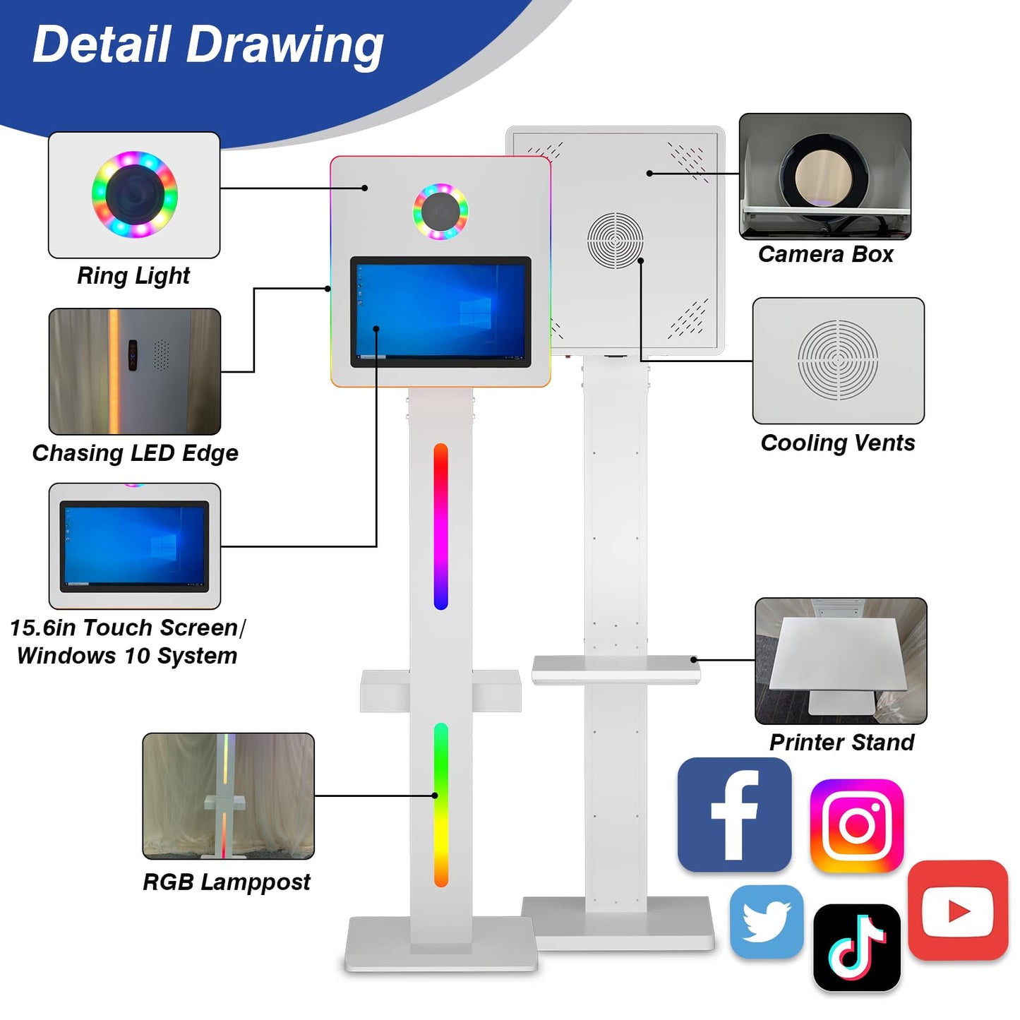 DSLR Photo Booth Machine 15.6 Inch Selfie Portable Touch Screen Camera Photobooth with Flight Case,White Photo Booth with RGB Light for Wedding Party Events