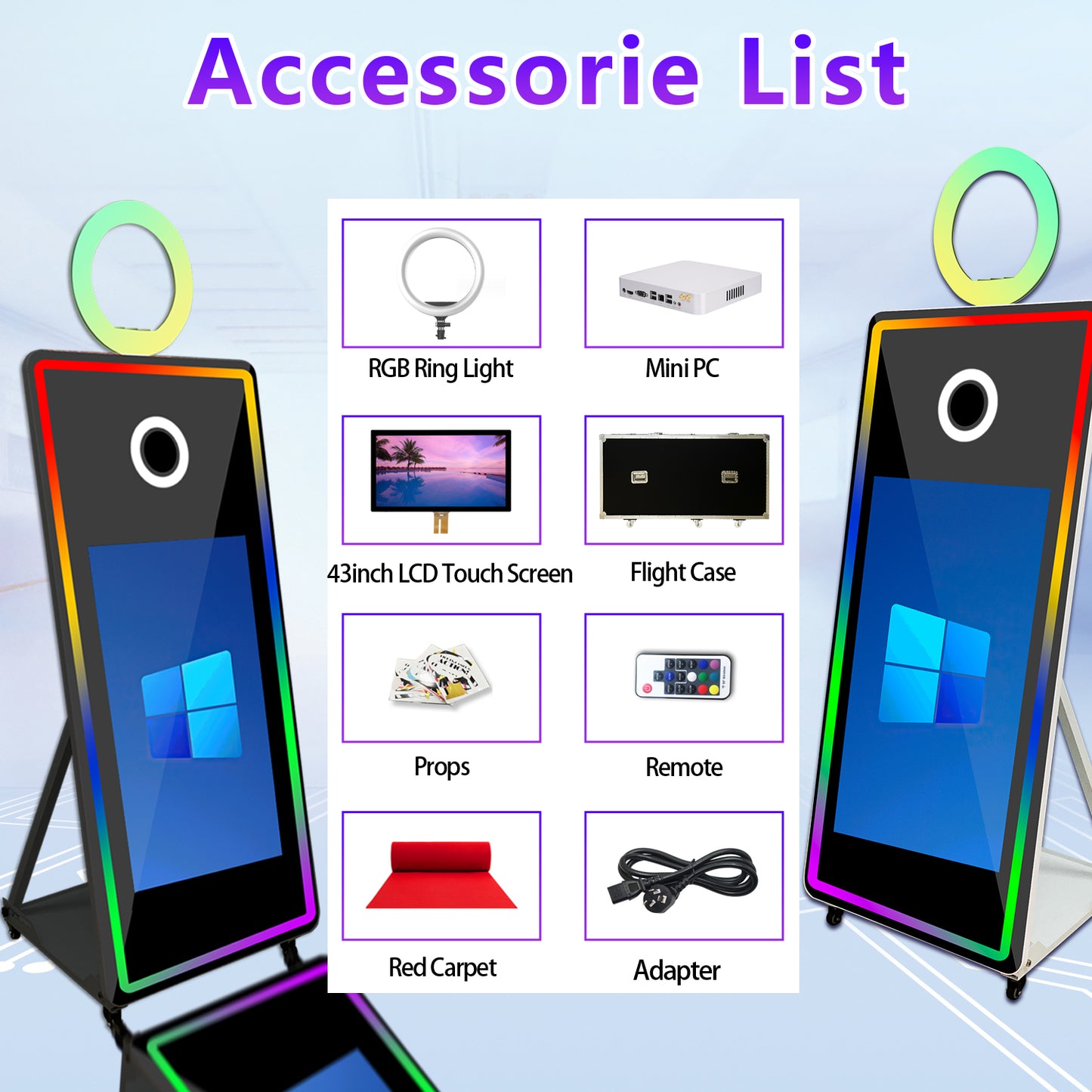 Magic Mirror Photo Booth with Flight Case and Square Fill Light 65 in Movable Mirror Photobooth Machine with 32in 43in Touch Screen for Events Parties Wedding Rental