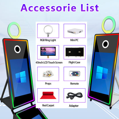 Magic Mirror Photo Booth with Flight Case and Square Fill Light 65 in Movable Mirror Photobooth Machine with 32in 43in Touch Screen for Events Parties Wedding Rental