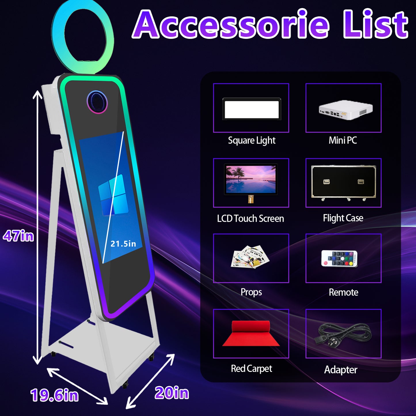 40in Portable Magic Mirror Photo Booth 21.5in Touch Screen Mirror Photo Booth with RGB Light Selfie Photo Booth for Christmas Wedding Event Party