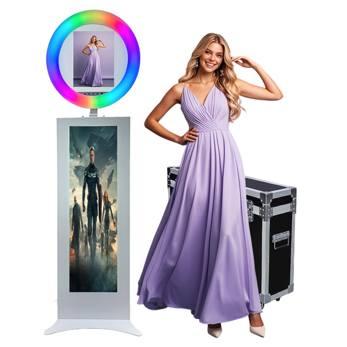 LCD Screen Portable Photo Booth Compatible with Any Ipad, 1080P Intelligent Split Screen Ipad Photo Booth LCD for Wedding Party Software APP Control LCD Ring Light, Flight Case