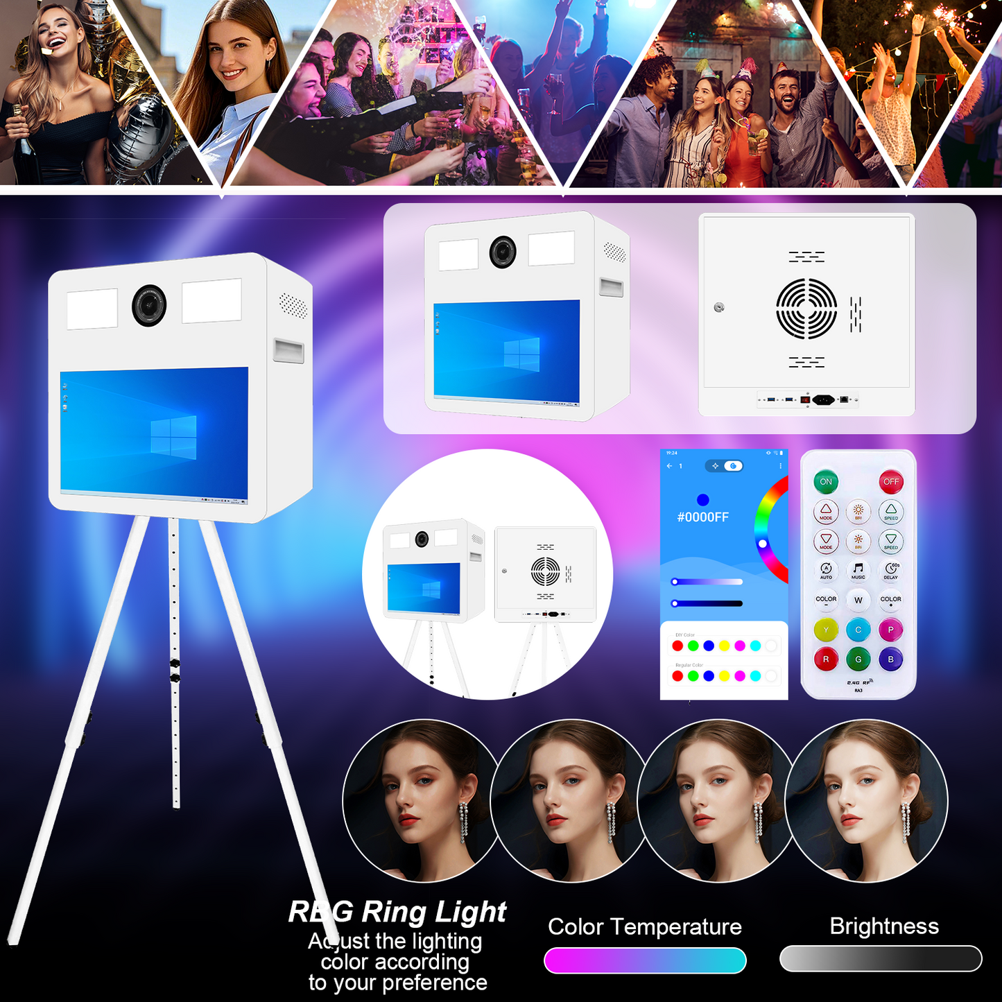 Cabina de fotos con espejo mágico, estuche de transporte y luz de relleno cuadrada. Máquina de fotomatón con espejo móvil de 65 pulgadas y pantalla táctil de 32 y 43 pulgadas para eventos, fiestas, bodas y alquiler.