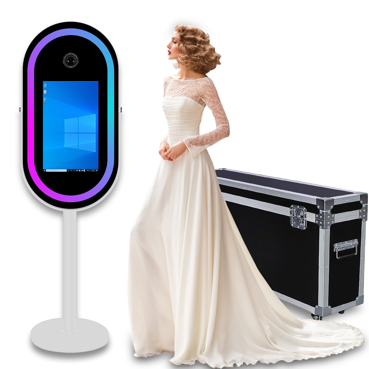 Elliptical Mirror Photo Booth Selfie LED Frame Portable 21.5in Touch Screen Magic Mirror Booth Machine for Party Events Wedding with RGB Light