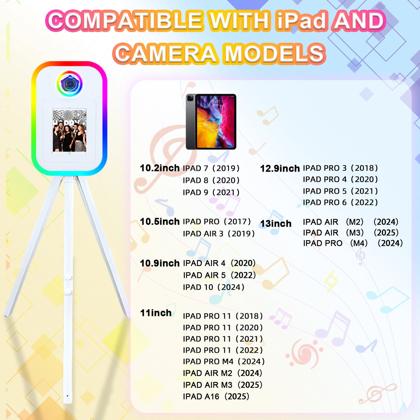 Cabina de fotos portátil para iPad de 10.2", 11" y 12.9". Control por app. Carcasa con soporte compatible con iPad. Carcasa para selfies con cámara DSLR y luz de anillo para fiestas de cumpleaños.
