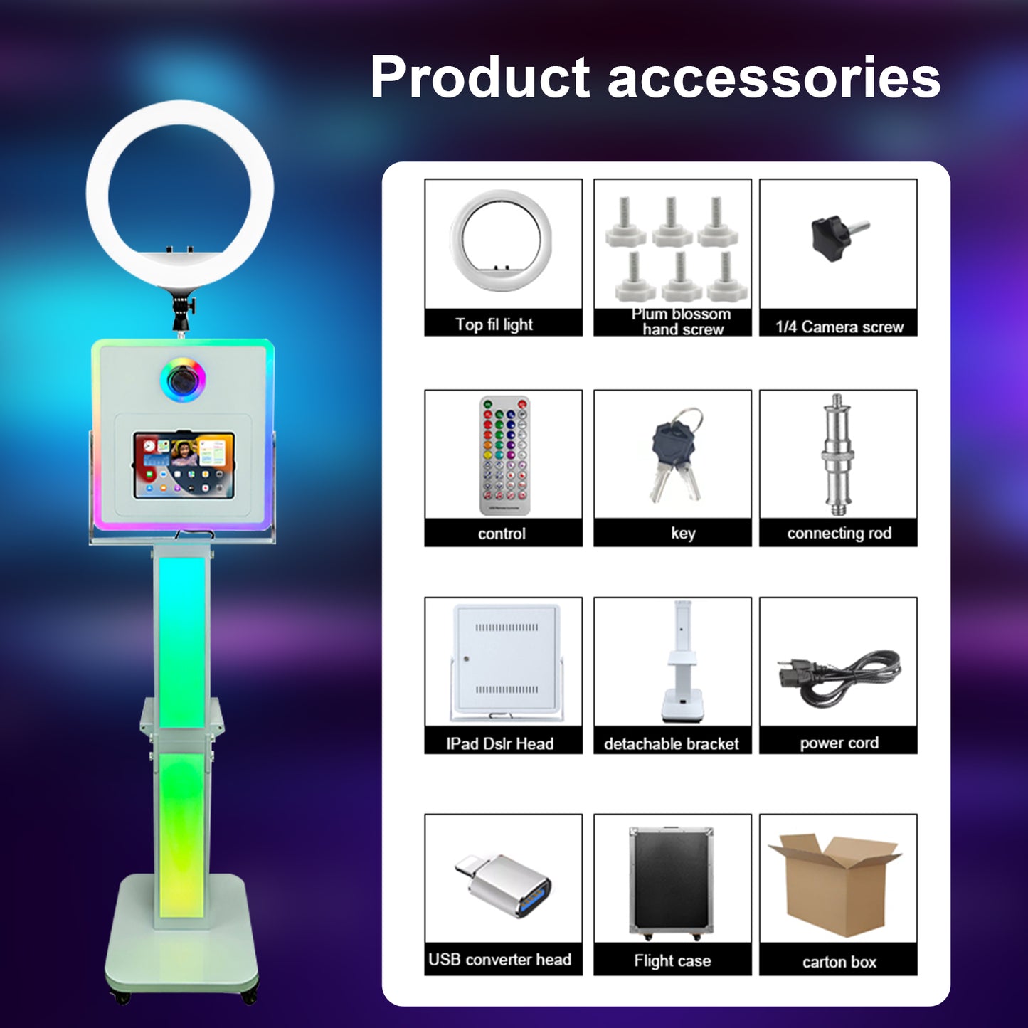 3 in 1 Portable Photo Booth Machine for Ipad 10.2" 10.9" 11" 12.9'' PhotoBooth Stand Shell Provide Cyratok Software RGB Ring Light Music Sync Aluminum Alloy Selfie Photo Booth for Parties Weddings Events