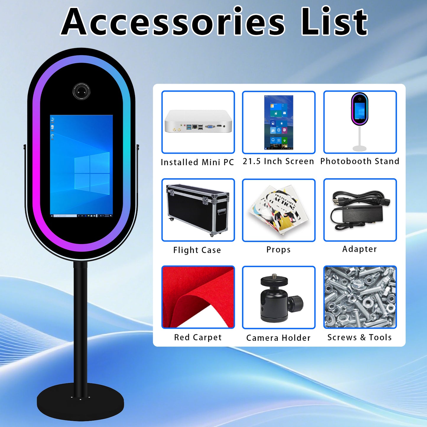 Elliptical Mirror Photo Booth Selfie LED Frame Portable 21.5in Touch Screen Magic Mirror Booth Machine for Party Events Wedding with RGB Light