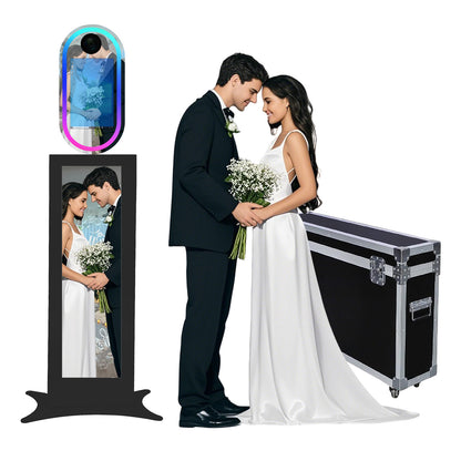 Cabina de fotos con espejo mágico de 15,6 pulgadas con luz RGB, máquina de fotomatón DSLR, pantalla táctil portátil para selfies con estuche de transporte para bodas, fiestas y eventos.