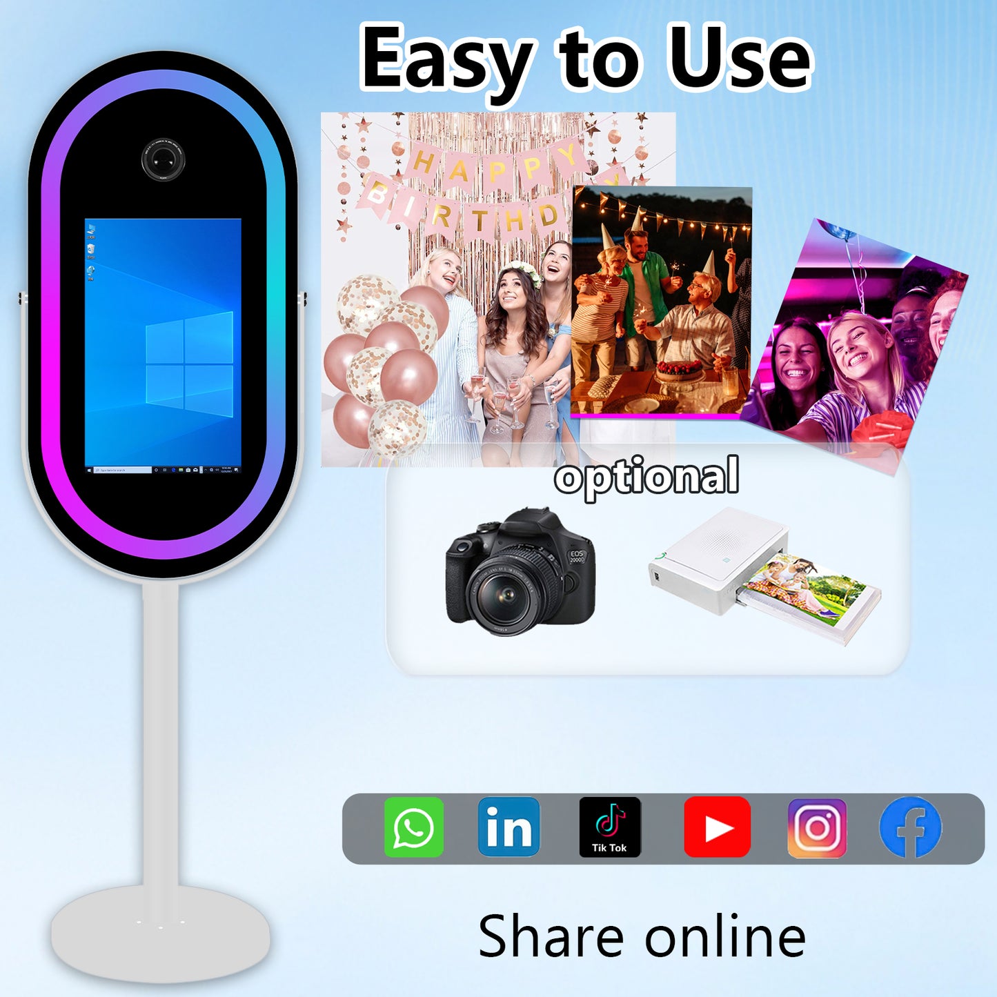 Elliptical Mirror Photo Booth Selfie LED Frame Portable 21.5in Touch Screen Magic Mirror Booth Machine for Party Events Wedding with RGB Light