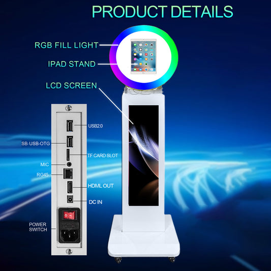 LCD Screen Portable Photo Booth Compatible with Any Ipad, 1080P Intelligent Split Screen Ipad Photo Booth LCD for Wedding Party Software APP Control LCD Ring Light, Flight Case