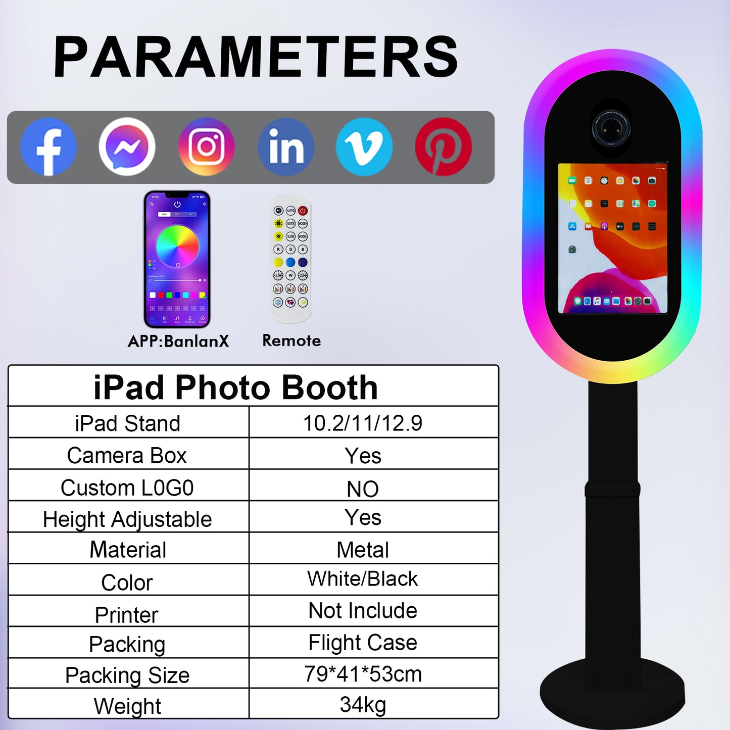 Photo Booth for iPad 10.2" 10.9" 11" 12.9" and for Camera Remote Control Flight Case 2-in-1 Portable Selfie Photobooth Stand for Party Rental Events
