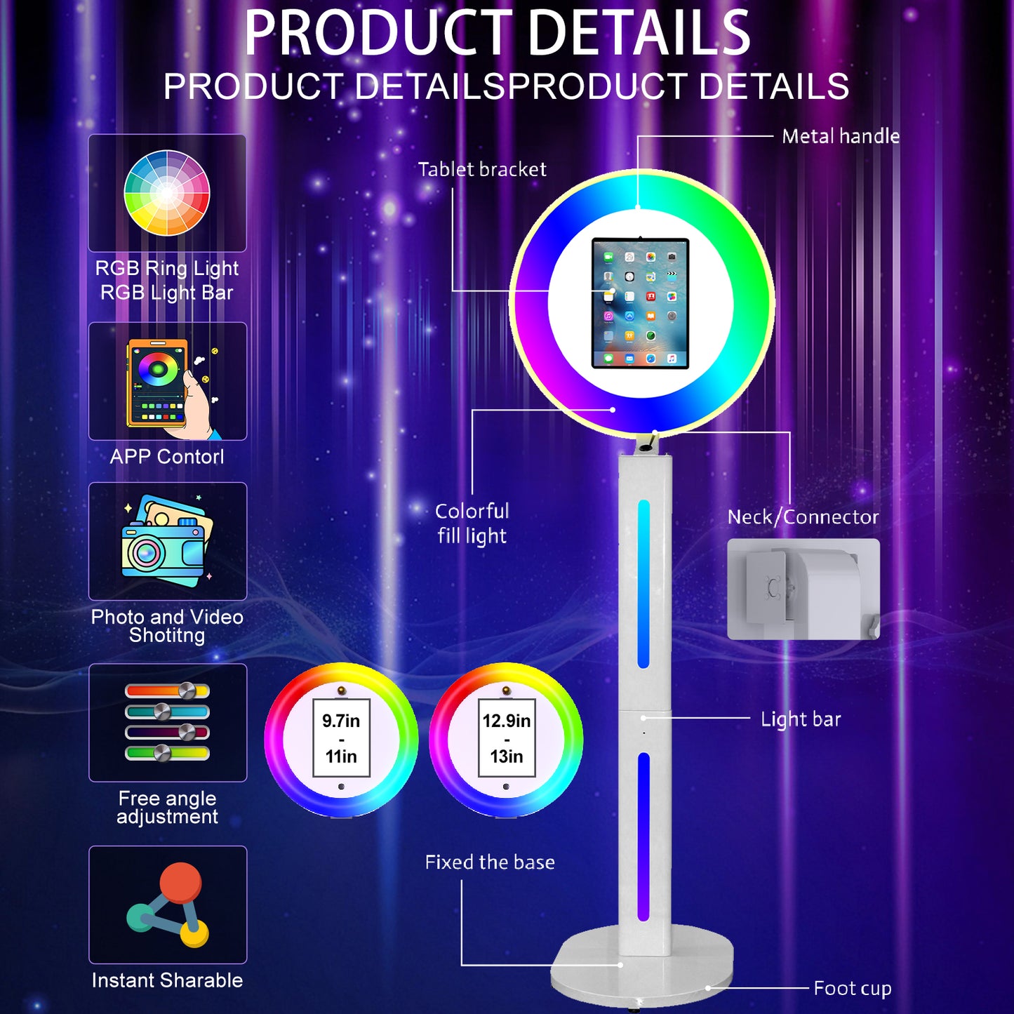 Portable Photo Booth Photobooth Machine I pad 10.2" 10.9" 11" 12.9'' Photo Booth Stand Shell Provide Cyratok Software RGB Ring Light,Music Sync Aluminum Alloy Selfie Photo Booth for Parties Wedding
