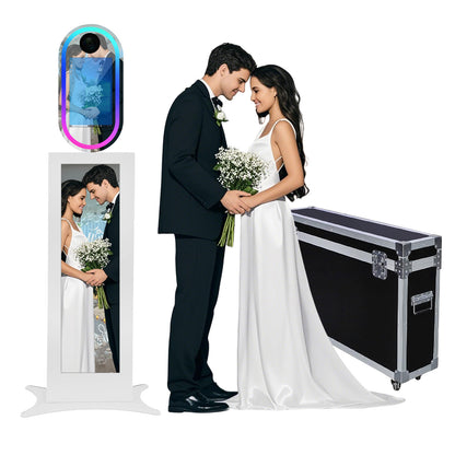 Cabina de fotos con espejo mágico de 15,6 pulgadas con luz RGB, máquina de fotomatón DSLR, pantalla táctil portátil para selfies con estuche de transporte para bodas, fiestas y eventos.
