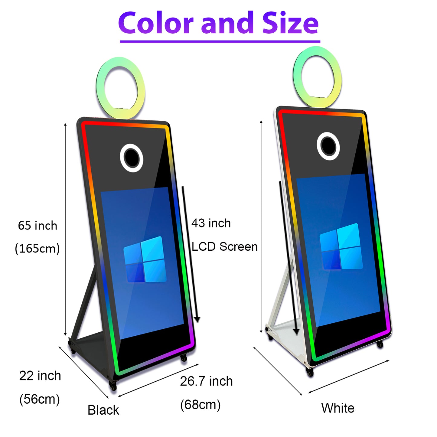 Magic Mirror Photo Booth with Flight Case and Square Fill Light 65 in Movable Mirror Photobooth Machine with 32in 43in Touch Screen for Events Parties Wedding Rental