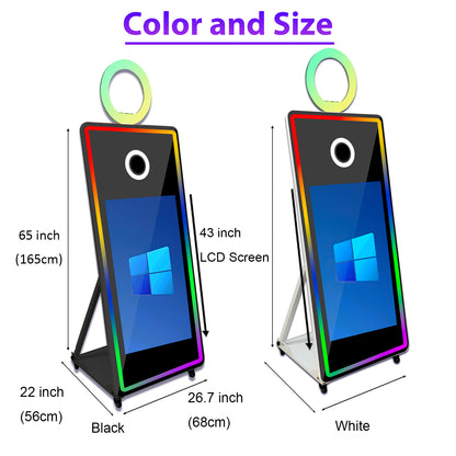Magic Mirror Photo Booth with Flight Case and Square Fill Light 65 in Movable Mirror Photobooth Machine with 32in 43in Touch Screen for Events Parties Wedding Rental