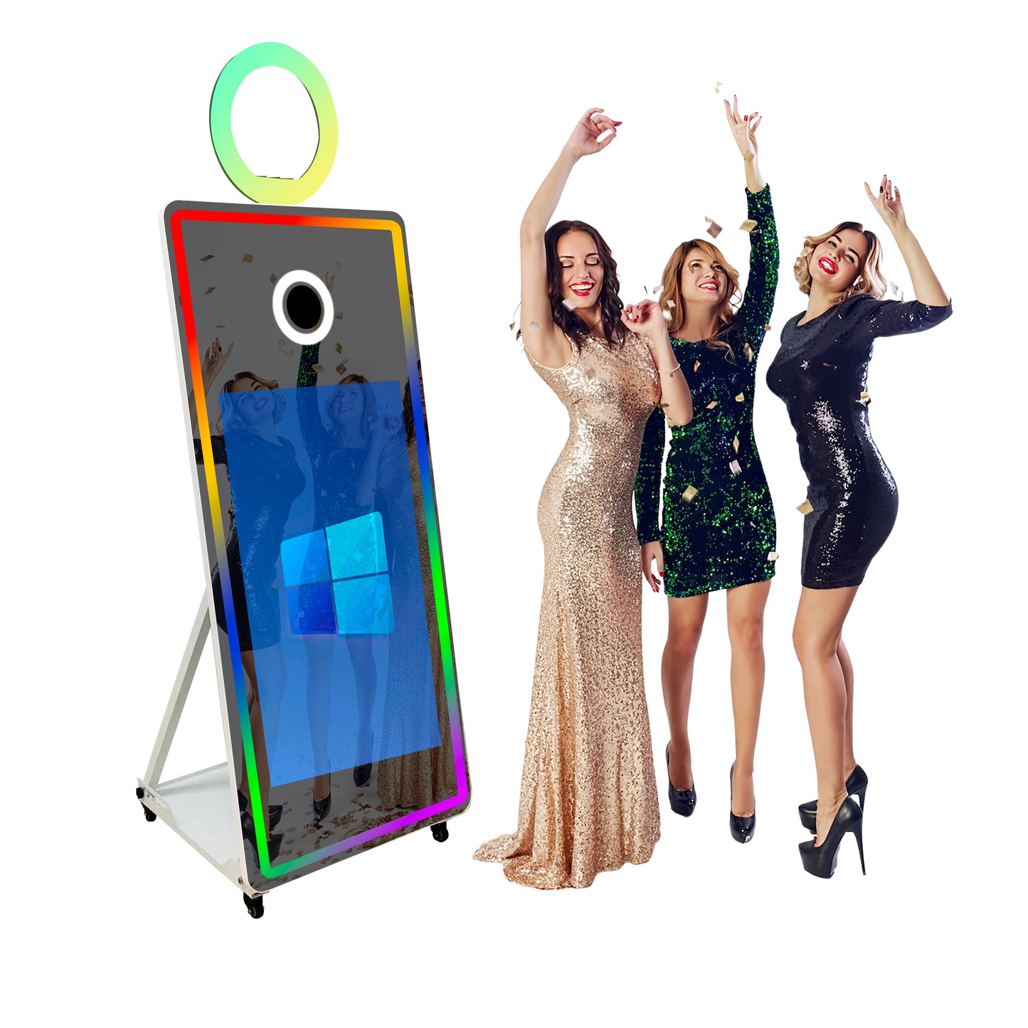 Magic Mirror Photo Booth with Flight Case and Square Fill Light 65 in Movable Mirror Photobooth Machine with 32in 43in Touch Screen for Events Parties Wedding Rental
