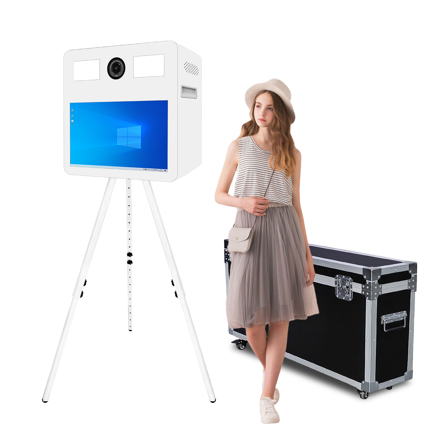 Cabina de fotos con espejo mágico, estuche de transporte y luz de relleno cuadrada. Máquina de fotomatón con espejo móvil de 65 pulgadas y pantalla táctil de 32 y 43 pulgadas para eventos, fiestas, bodas y alquiler.